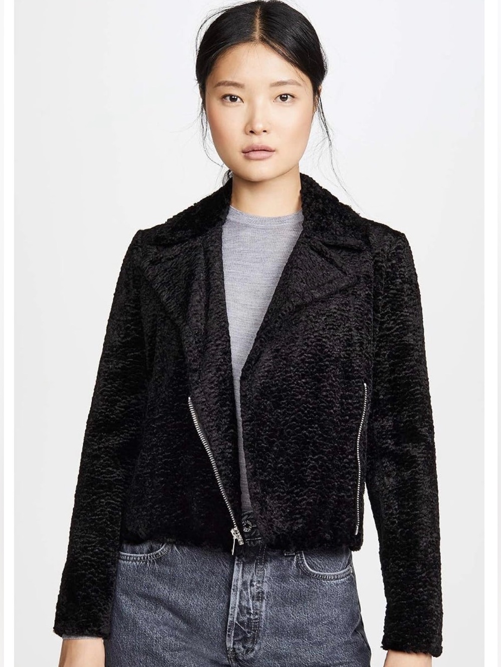 Theory Slim Moto B, Black Faux-Shearling Asymmetric Biker Jacket, size 6
